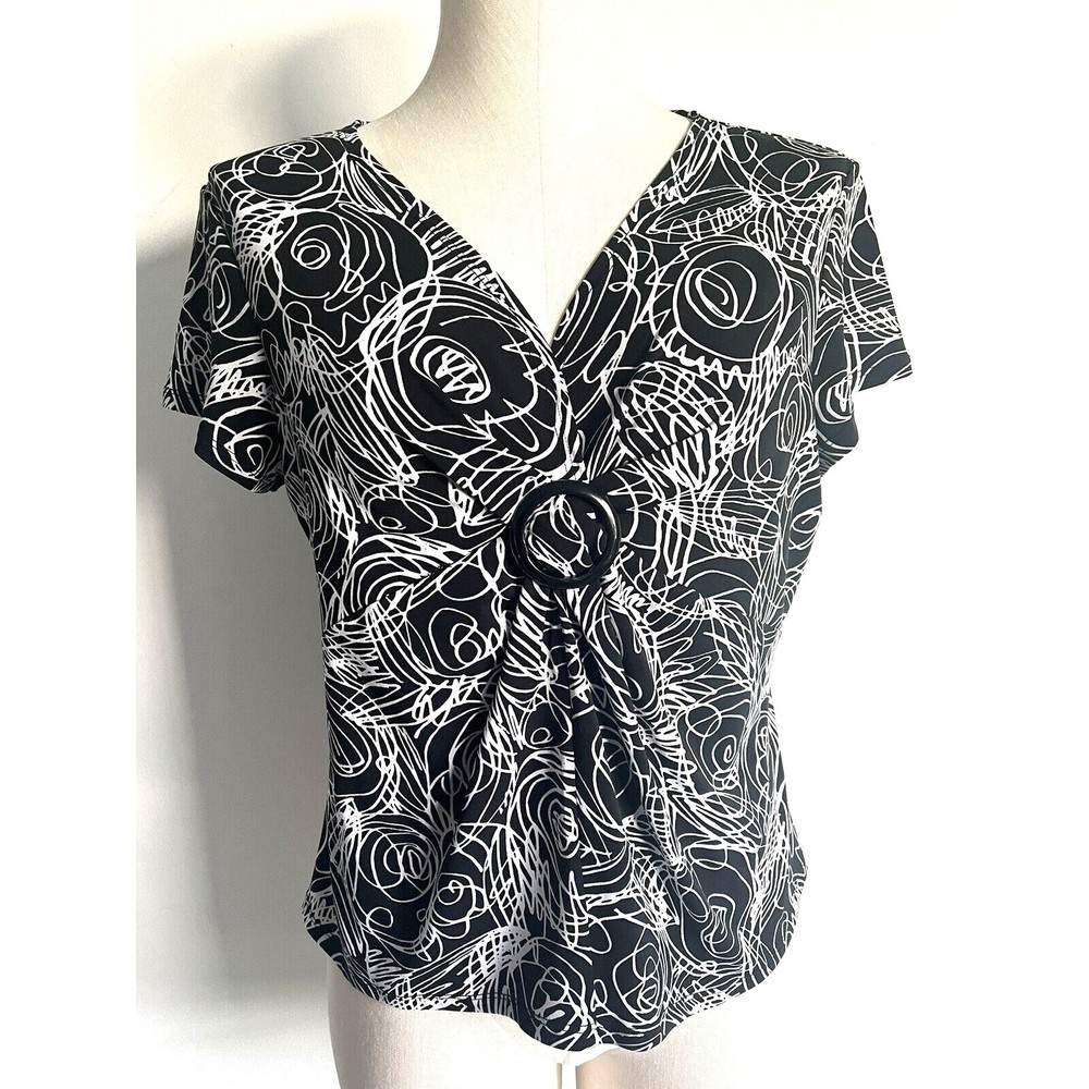 Laura Ashley Ladies Top Black White Swirl Roses Embellishment Stretchy Medium MP